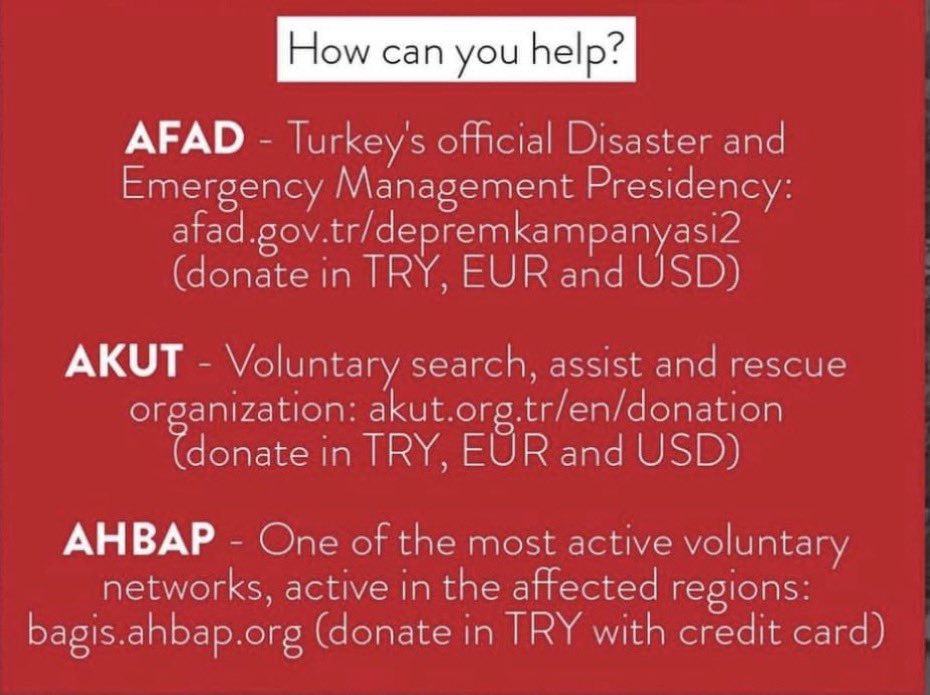 I received many requests from friends and colleagues asking for reliable foundations to help earthquake victims in Turkey. 🙏 Here are three of them: