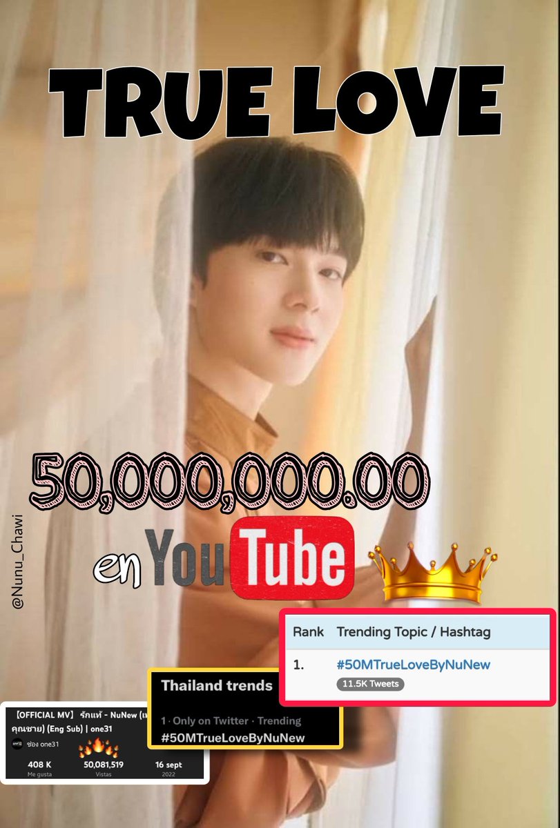 𝐓𝐑𝐔𝐄 𝐋𝐎𝐕𝐄 𝐛𝐲 𝐍𝐔𝐍𝐄𝐖, 50 million views on YouTube. CONGRATULATIONS @CwrNew !!! 

Let's keep supporting the hashtag 

#1 trend in Thailand 
#4 worldwide 

◀️ youtu.be/bzpmJJcO47E

#50MTrueLoveByNuNew
#NuNew #NanaNu
#รักแท้OstคุณชายByนุนิว