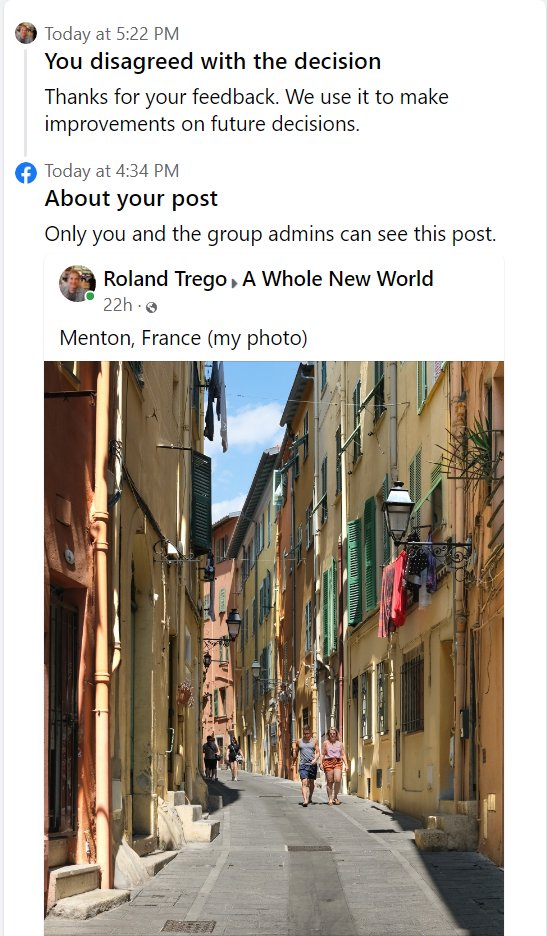 rolandlemecdeSF's tweet photo. @facebook    Facebook's algorithms are flawed. My original photos posted in my group (A Whole New World) are being tagged as spam. I am the sole administrator of this group. The attached post was not spam. Facebook, provide more transparency and in-person support! https://t.co/i9f2lOEXnu