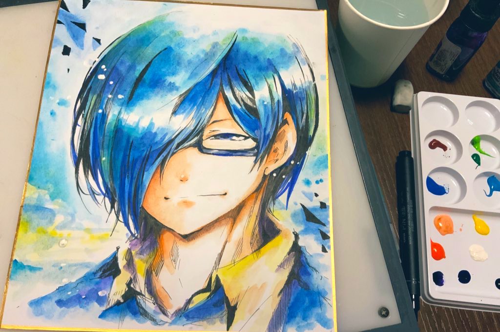 1boy traditional media male focus solo glasses blue hair hair over one eye  illustration images