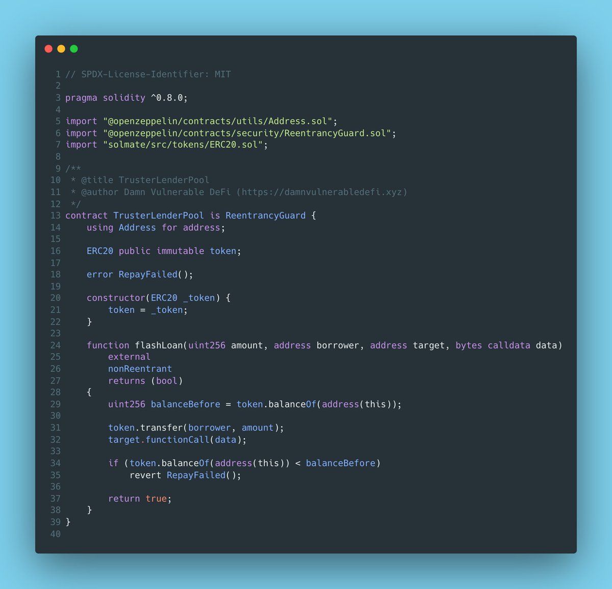 0xCygaar's tweet photo. Was doing a fun CTF challenge on Damn Vulnerable Defi today and wanted to share it.

How could you exploit this pool contract to drain its entire token balance? https://t.co/ypmeMBPLs1