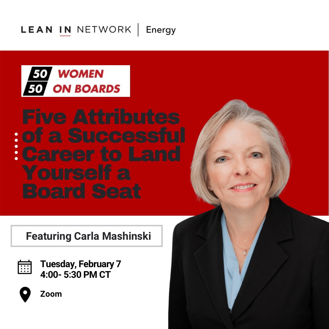 leaninenergy's tweet photo. Will you be joining #5050wob tomorrow evening for a conversation with Corporate Director & Author, Carla Mashinski?
Register now: https://t.co/lQAJPgTz7X
#leanin #leaninenergy #leaninnetwork #womeninenergy #energyindustry #5050wob #carlamashinski #tuesday #conversation #joinus https://t.co/FPfKFMzgpB