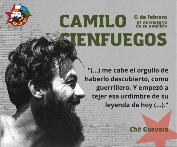 En aniversario 91 del natalicio del Comandante Camilo Cienfuegos su imagen sigue siendo la del pueblo cubano digno y revolucionario.
#CamiloSeñorDeLaVanguardia 
#MambisesDeAcero 
#JuntarYVencer