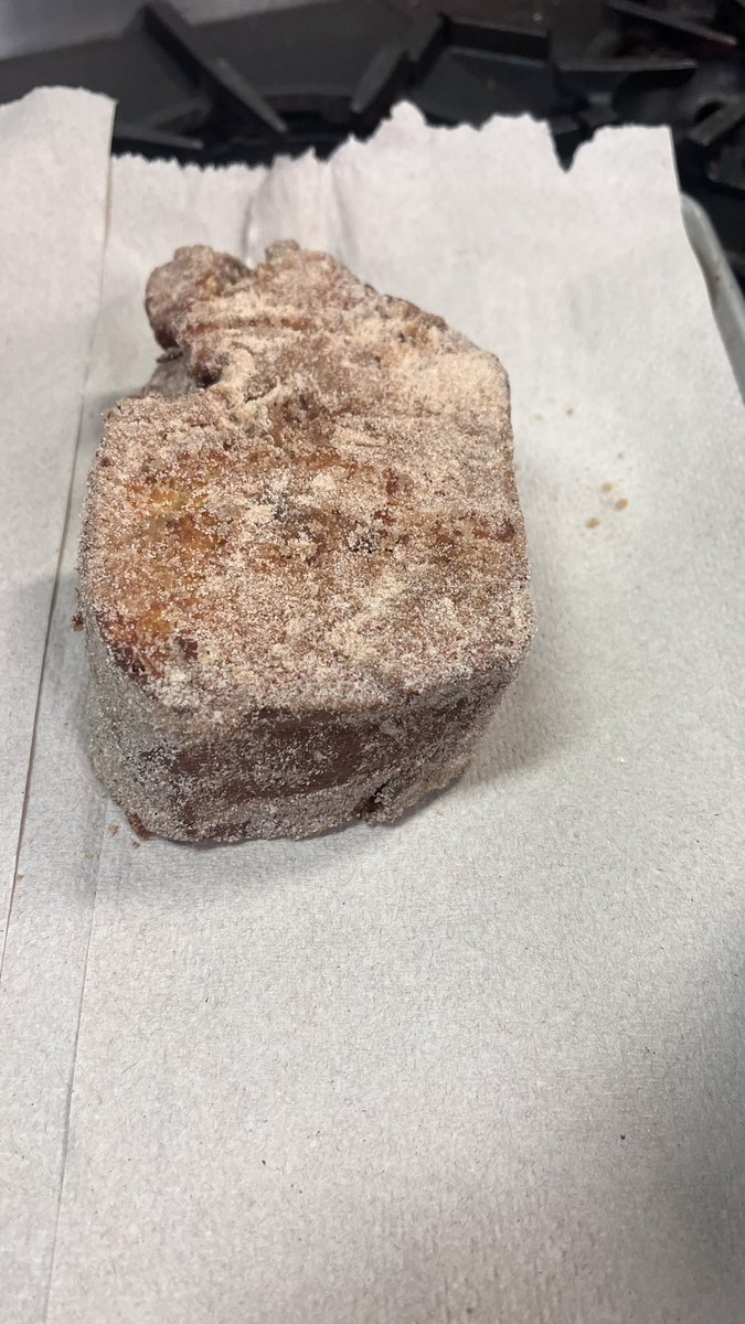PHSCulinary's tweet photo. Homemade Brioche bread turned into Tonga toast. The bread is sliced 3 inches thick. Filled with banana, battered, deep fried and rolled in cinnamon sugar. This is what I call a breakfast for champions!
#phsconnectandgrow @ProsperHS @prosperCTE @BbqProsper @UTexas35 https://t.co/XSfVMnNqII