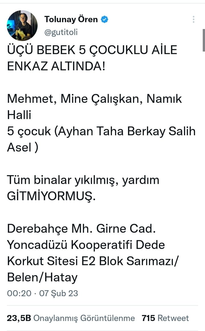 7kturan's tweet photo. Her gün gördüğüm komşularım hala enkazda lütfen görün burayı #hatayyardimbekliyor https://t.co/dzathSzu8d