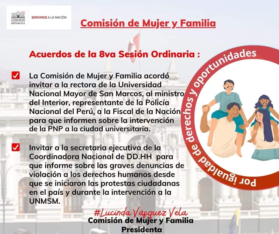 mujer_comision's tweet photo. ✅#Acuerdos| La Comisión de Mujer y Familia acordó invitar a la rectora de la @UNMSM_  al @MininterPeru a la @FiscaliaPeru para que informen sobre la intervención a la ciudad universitaria. También a la Coordinadora Nacional de DD.HH
@RPPNoticias @exitosape @diariocorreo @atvpe https://t.co/73NNSFS4K4