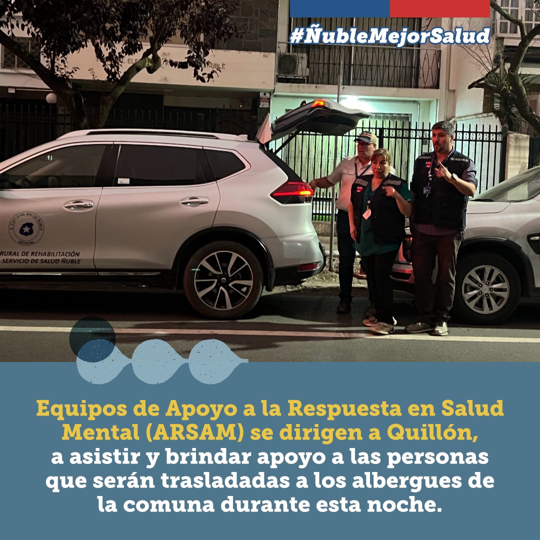 SaludNuble's tweet photo. Ante la emergencia, los cuidados de la comunidad desde los primeros minutos son prioridad 🫂
👉Los Equipos de Apoyo a la Respuesta en Salud Mental (ARSAM) se dirigen a Quillón a brindar apoyo a las personas trasladadas a los albergues de la comuna esta noche.
#EmergenciaEnNuble https://t.co/2rcVs3s9Wl