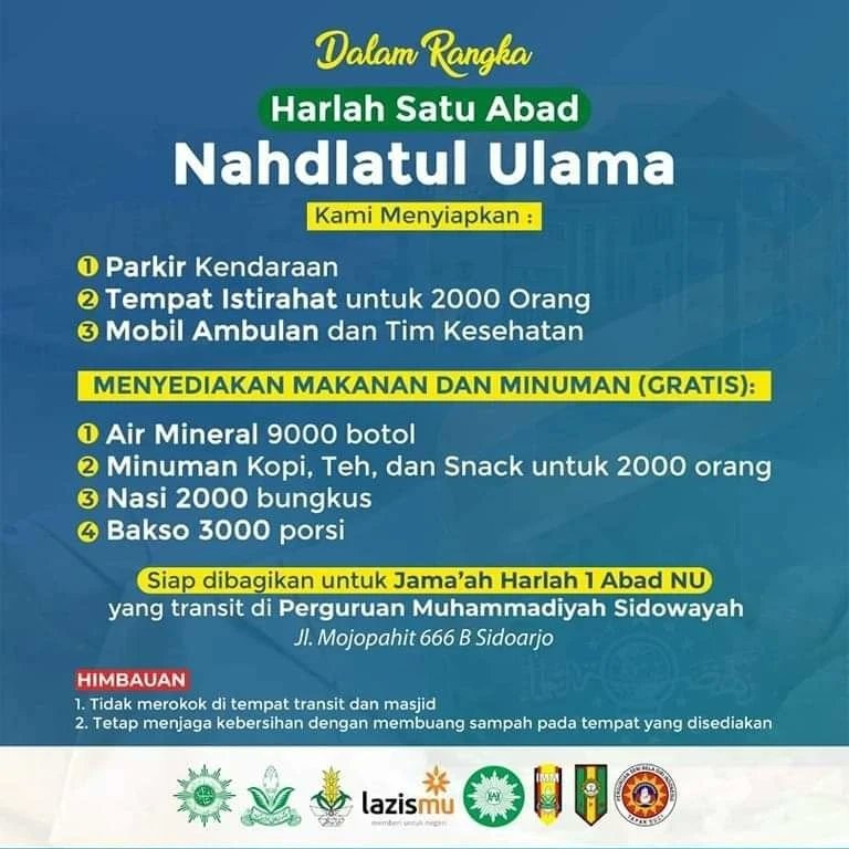 1 Abad NU membawah keberkahan.
Mulai kemarin hingga hari ini semua fasilitas yang diberikan oleh Saudara-saudara kita Muhammdiyah bisa dinikmati, 
Indahnya persaudaraan seperti ini akan selalu lebih bernilai dibanding cek cok tak berkesudahan..