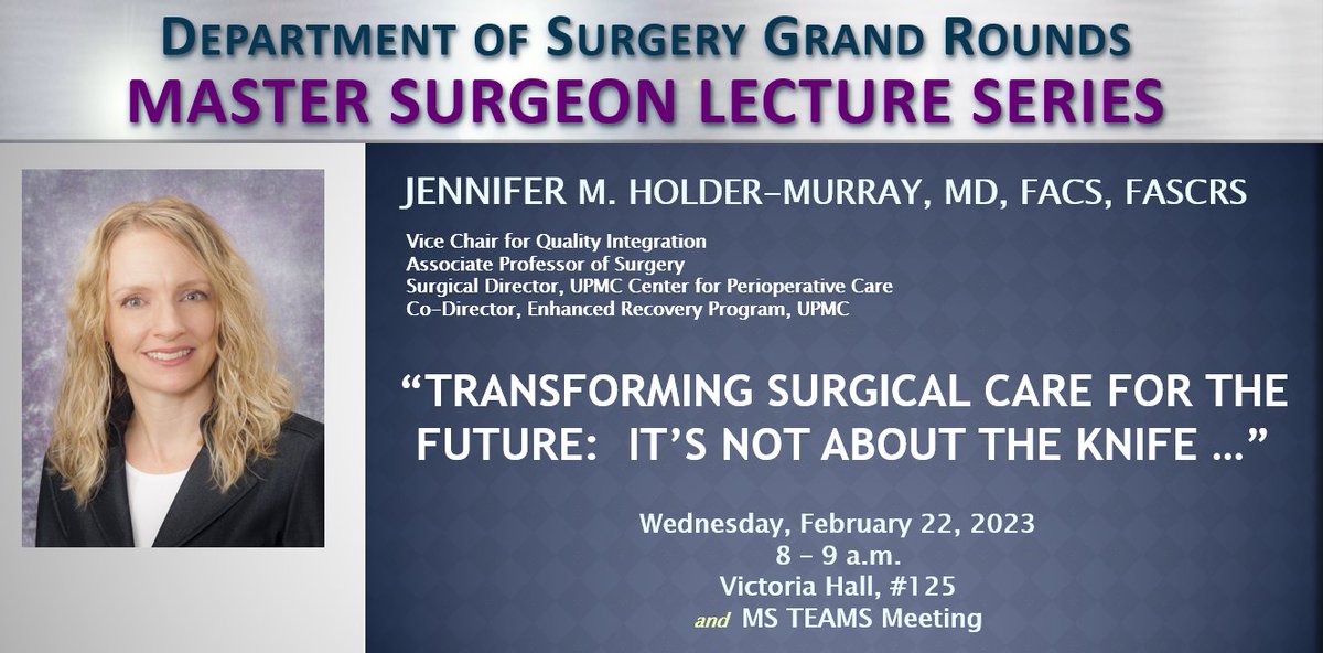 Mark Your Calendar for Our Next  GrandRounds/Master Surgeon Lecture Series 
🗓️ : 22 Feb 2023
⏰ : 8 to 9 AM, EST
<a href="/PittNeurosurg/">Pitt Neurosurgery</a> <a href="/PittPedsSurg/">Pitt Pediatric Surgery</a> <a href="/PittEndoSurg/">Pitt Endocrine Surgery</a> <a href="/UPMC_CTSurgery/">Pitt Cardiothoracic Surgery Department</a> <a href="/PittDeptofMed/">PittDeptofMed</a> <a href="/PittTTMRC/">Pitt Trauma & Transfusion Medicine Research Center</a> <a href="/UPMC_CTSurgery/">Pitt Cardiothoracic Surgery Department</a> <a href="/UPMC/">UPMC</a> <a href="/HviUpmc/">UPMC Heart and Vascular Institute</a> <a href="/UPMC_Vascular/">UPMC Vascular Surgery</a>