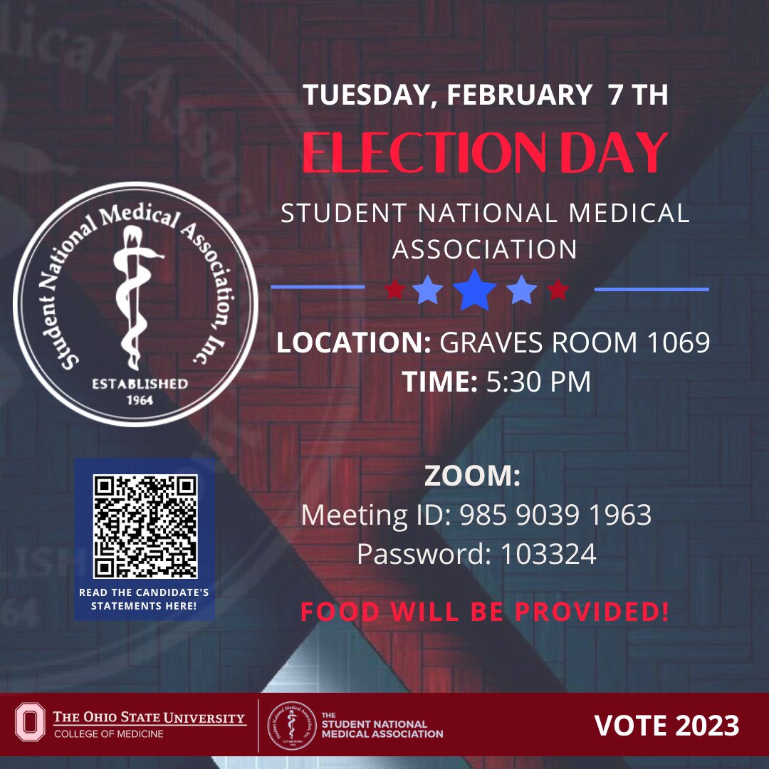 Hello, join us tomorrow in Graves 1069 at 5:30pm to elect the new SNMA E-Board! Meet the candidates, listen to their speeches, eat food and catch-up with your fellow members! 

Read their statements here: tinyurl.com/2z473kxc

Zoom Link: tinyurl.com/mvzwvx7j