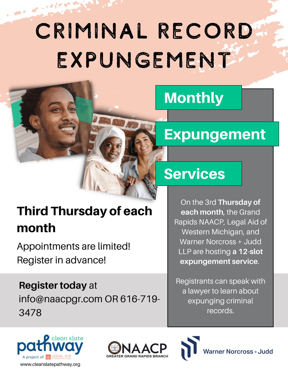 The Monthly Expungement Service is next Thursday, February 16th. If interested or in need, email info@naacpgr.com or refer to the flyer below.