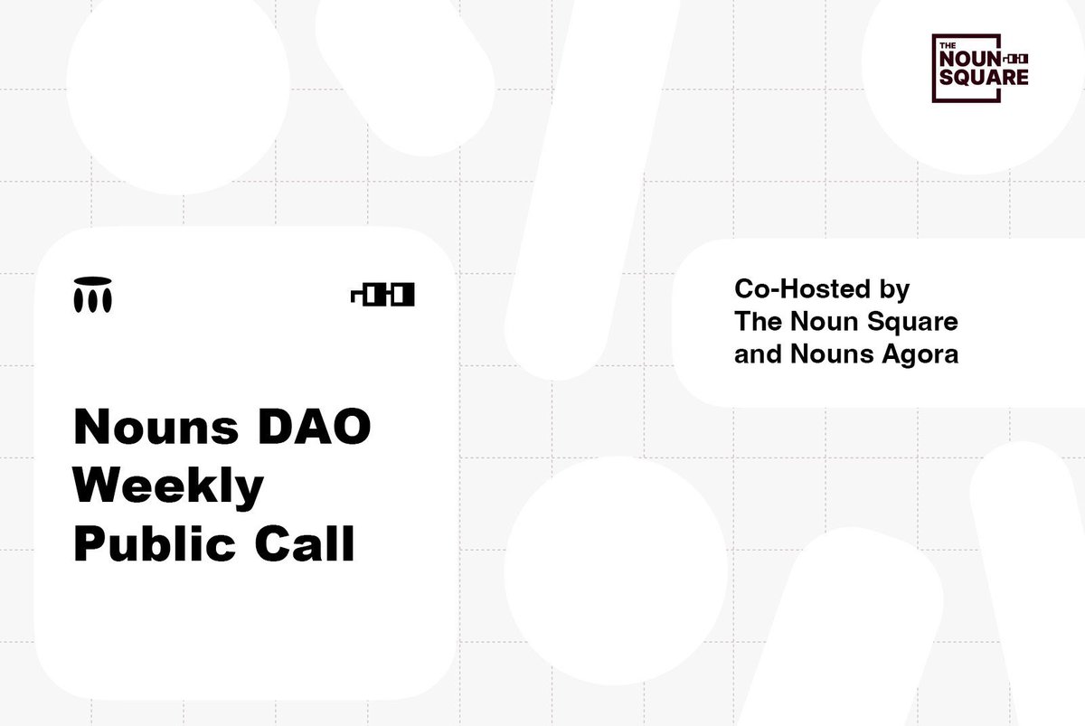 Join us tomorrow afternoon for our <a href="/nounsdao/">Nouns.eth</a> Weekly Public Call, brought to you by <a href="/nounsagora/">Agora redirect</a> and TNS. 

This week, we will be chatting about Prop 225: <a href="/NounSounds/">Noun Sounds 🎵 ⌐◨-◨ 🎵</a> and Prop 226: The Noun Square. 

RSVP below and bring your questions 👇