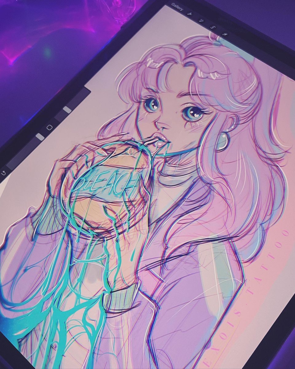 mischkatattoo's tweet photo. In between designs I had an idea for anime girl drinking from a fish bowl, then fishbowl turned into bleach bottle, a quick sketch I might turn it into a wannado, in the meantime, enjoy.
#procreate #procreateart #animegirl #vaporwave #segasunset #bleach #drinkingbleach #mangagirl https://t.co/2E2Y1SehHc