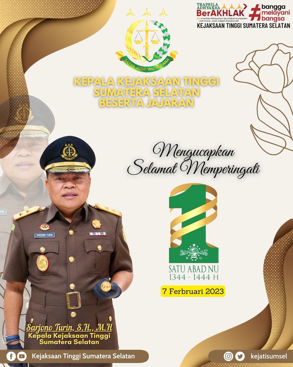 kejatisumsel's tweet photo. Kepala Kejaksaan Tinggi Sumatera Selatan beserta Jajaran mengucapkan Selamat Menperingati 1 Abad Hari Lahir Nahdlatul Ulama 1344 H - 1444 H dengan tema “Mendigdayakan Nahdlatul Ulama Menjemput Abad Kedua Menuju Kebangkitan Baru".

#nahdlatululama #harlahnu
#satuabadnu https://t.co/QWWdedIVrA
