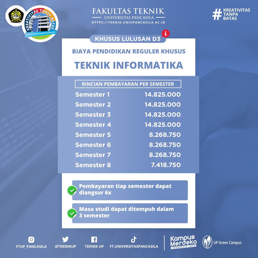TeknikUp's tweet image. Kamu lulusan D3 dan ingin lanjut kuliah Teknik Informatika? Di FTUP aja! Daftar via online melalui website pmb.univpancasila.ac.id
atau hubungi ke nomer 0812 9652 577 (Aruan).
#FTUP #KreativitasTanpaBatas #TeknikInformatika