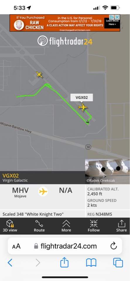 spacecom's tweet photo. Update on #VirginGalactic #WhiteKnightTwo taxi test. The aircraft taxied down runway 30 but stopped after a short distance. A source with a better view confirms the flightradar imagine is accurate on where it stopped. The runway is 12,503 ft, so it didn't go very far. https://t.co/XUJ7cGlkDt