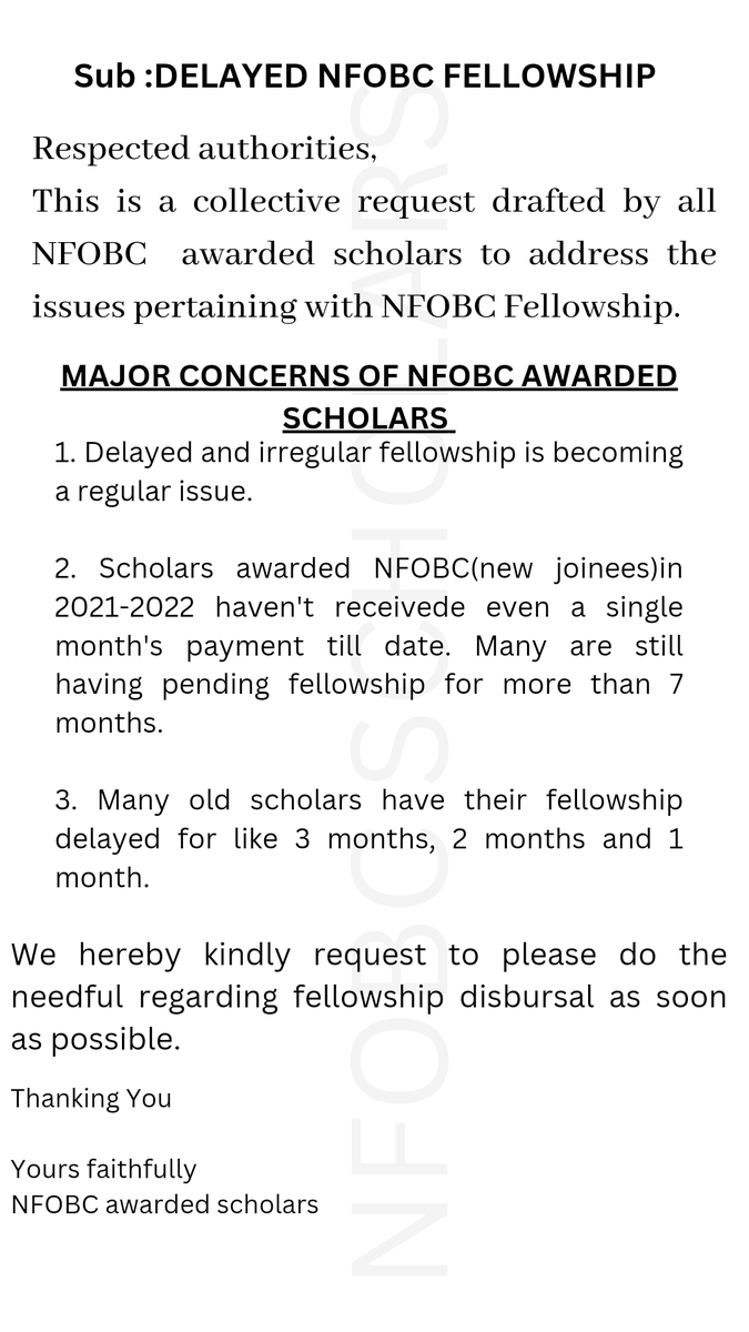 Ms_lavndr's tweet photo. Respected authorities, please kindly pay attention to the issues faced by Research Scholars awarded with NFOBC.
@PMOIndia @MSJEGOI @ugc_india @nbcfdc #delayedfellowship #NFOBC https://t.co/GyP6CJpWIP