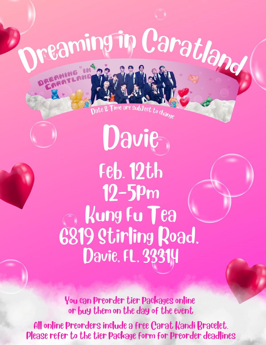 #CARAT’s and #kpop fans, we are cohosting with <a href="/Mew_Kpopper_Fl/">Mew_Kpopper_Fl</a> , @tbz_soflo &amp; <a href="/doyouara/">Amelia🌹</a> “Dreaming in Caratland” a Carat Day cupsleeve event on Sunday, February 12th from 12-5pm at Kung Fu Tea in Davie, Florida!!