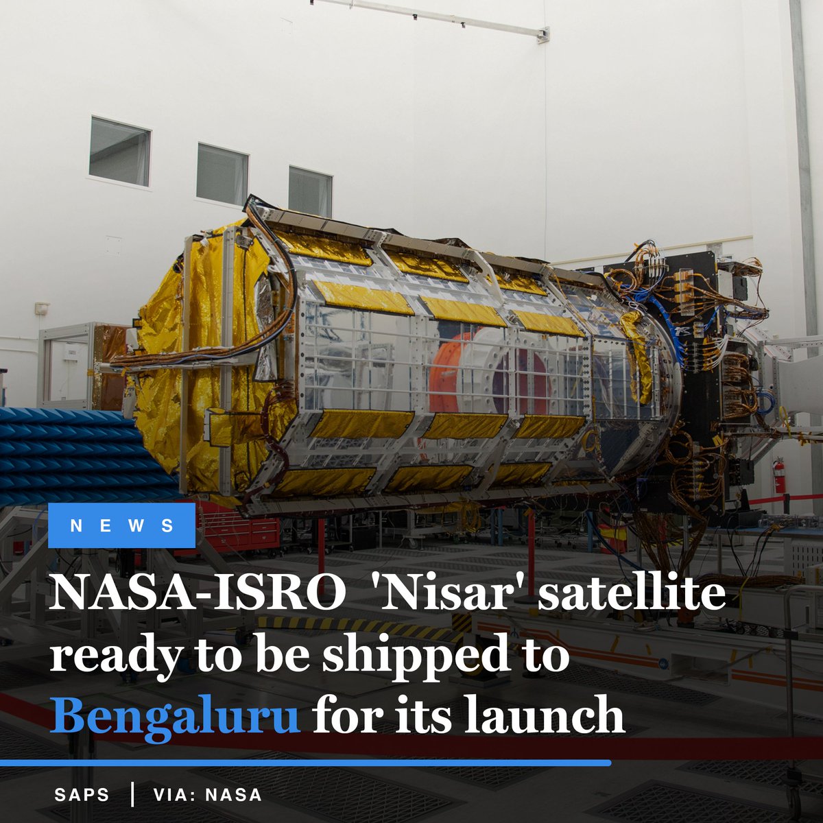 SAPS_Official's tweet photo. An earth-observation satellite jointly developed by NASA and ISRO that will help study Earth’s land and ice surfaces in greater detail is all set to be shipped to Bengaluru,India later this month for a possible launch in September.
#NASA #ISRO  #bengaluru #satellite https://t.co/AelG6DRCby