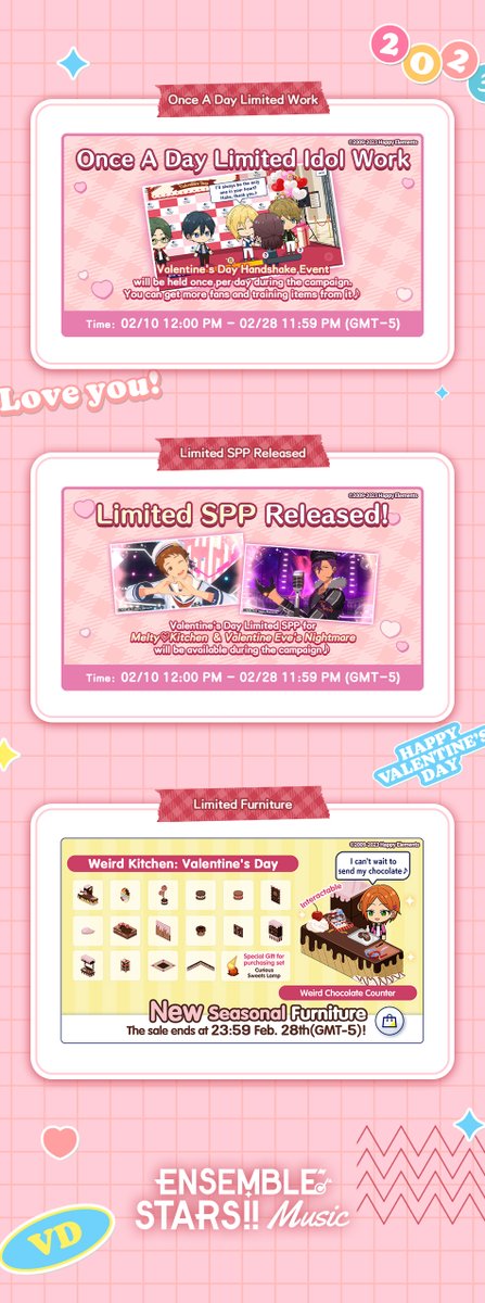 enstarsmusic_EN's tweet photo. 💝Valentine's Day Campaign is starting soon!

⏰Time: 02/10 12:00 PM - 02/28 11:59 PM (GMT-5)

✨Number of New Fans Doubled! 
💫Limited Idol Work Opens!
🌟Enjoy Limited SPP
⭐️Limited Voices &amp; New Furniture Available!
🎁Valentine's Day Login Bonus

#EnsembleStarsMusic https://t.co/0XjeMZXuKp