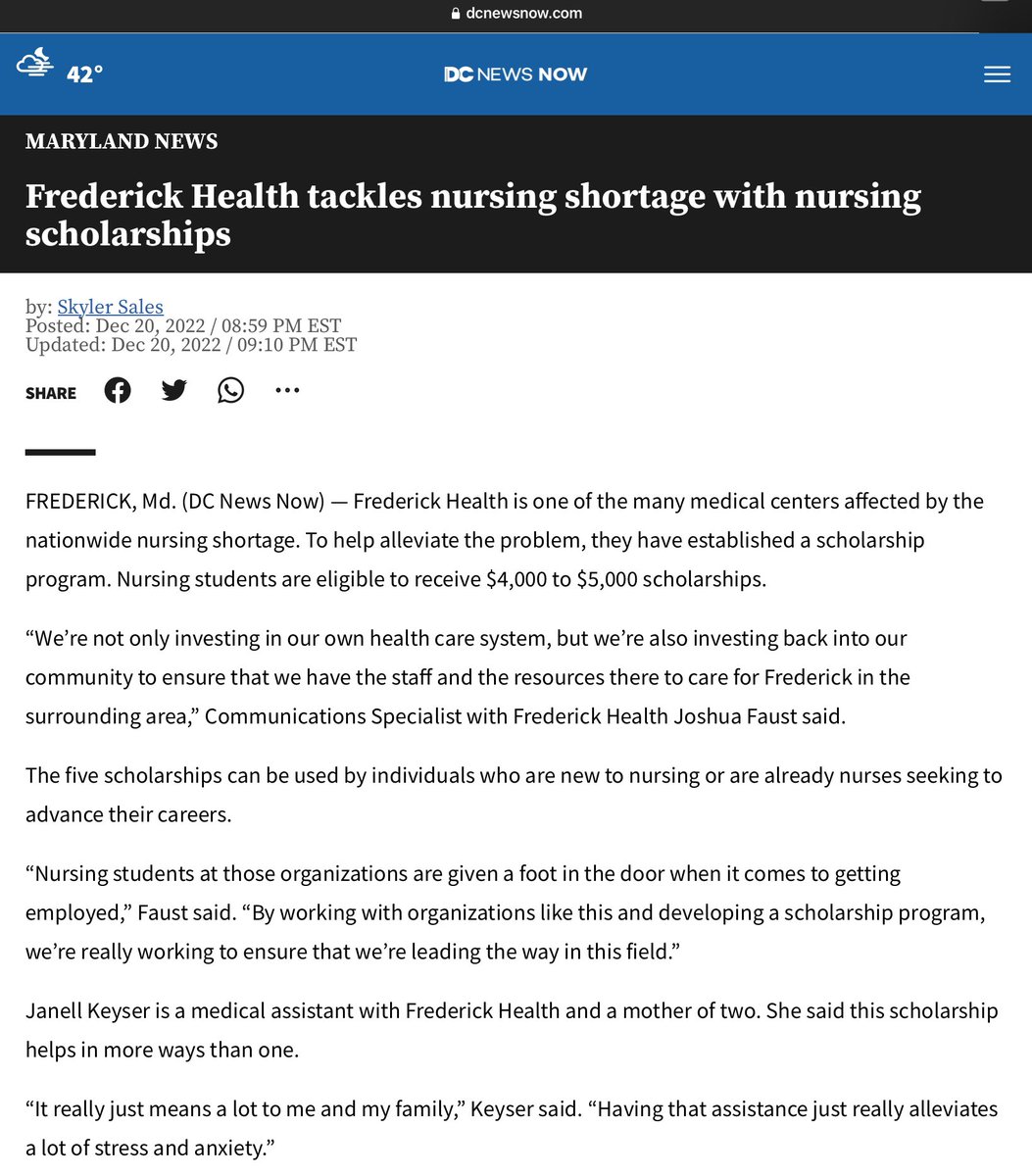 JoinMdHealth's tweet image. Nursing scholarship opportunity:

@FrederickHealth established a new program for #nursingstudents to be eligible to receive $4,000 to $5,000 scholarships — whether new to nursing or already seeking to advance their careers. #Scholarships #FrederickMaryland #nursingscholarships
