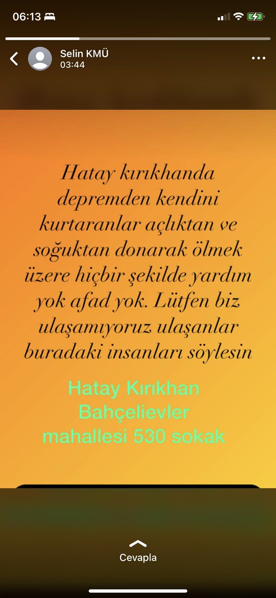 İnsanlar donarak ölecek lütfen destek gönderin artık #HatayKırıkhanaYardım #hatayyardimbekliyor #AFADhatay #sondakikadeprem #ohal #kırıkhanyardım <a href="/AFADBaskanlik/">AFAD</a> <a href="/DepremDairesi/">AFAD Deprem</a> <a href="/HatayValiligi/">T.C. Hatay Valiliği</a> <a href="/HatayBSB/">Hatay Büyükşehir Belediyesi</a>