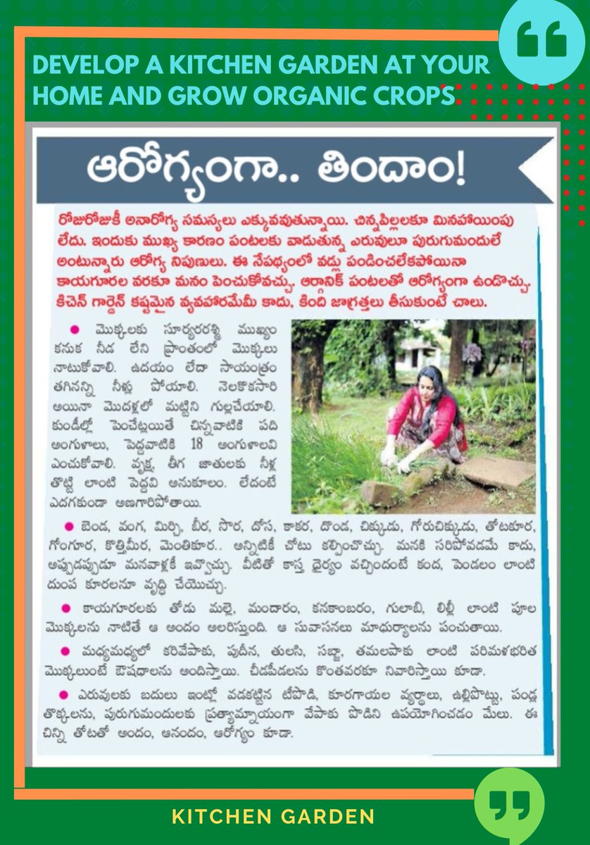 shyamku34506690's tweet photo. Develop a kitchen garden at your home premises and grow organic crops. take organic food and it's good for your health. #kitchengarden #biodegradablewastemanagement @rajeevjauhari1 @TSSBMG @swachhbharat @cprrd_ts @MoJSDDWS @mahajan_vini https://t.co/PpKRbNQmuT