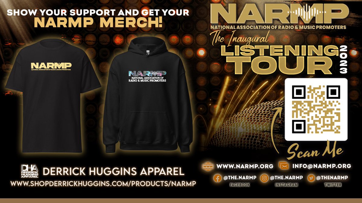 Get your <a href="/TheNARMP/">National Association of Radio & Music Promoters</a> Merch Today! Let everyone know that you’re a proud member of the National Association of Radio &amp; Music Promoters by repping us in official gear!

Purchase NOW via Derrick Huggins Apparel (@ShopDerrickHuggins) at ShopDerrickHuggins.com/NARMP