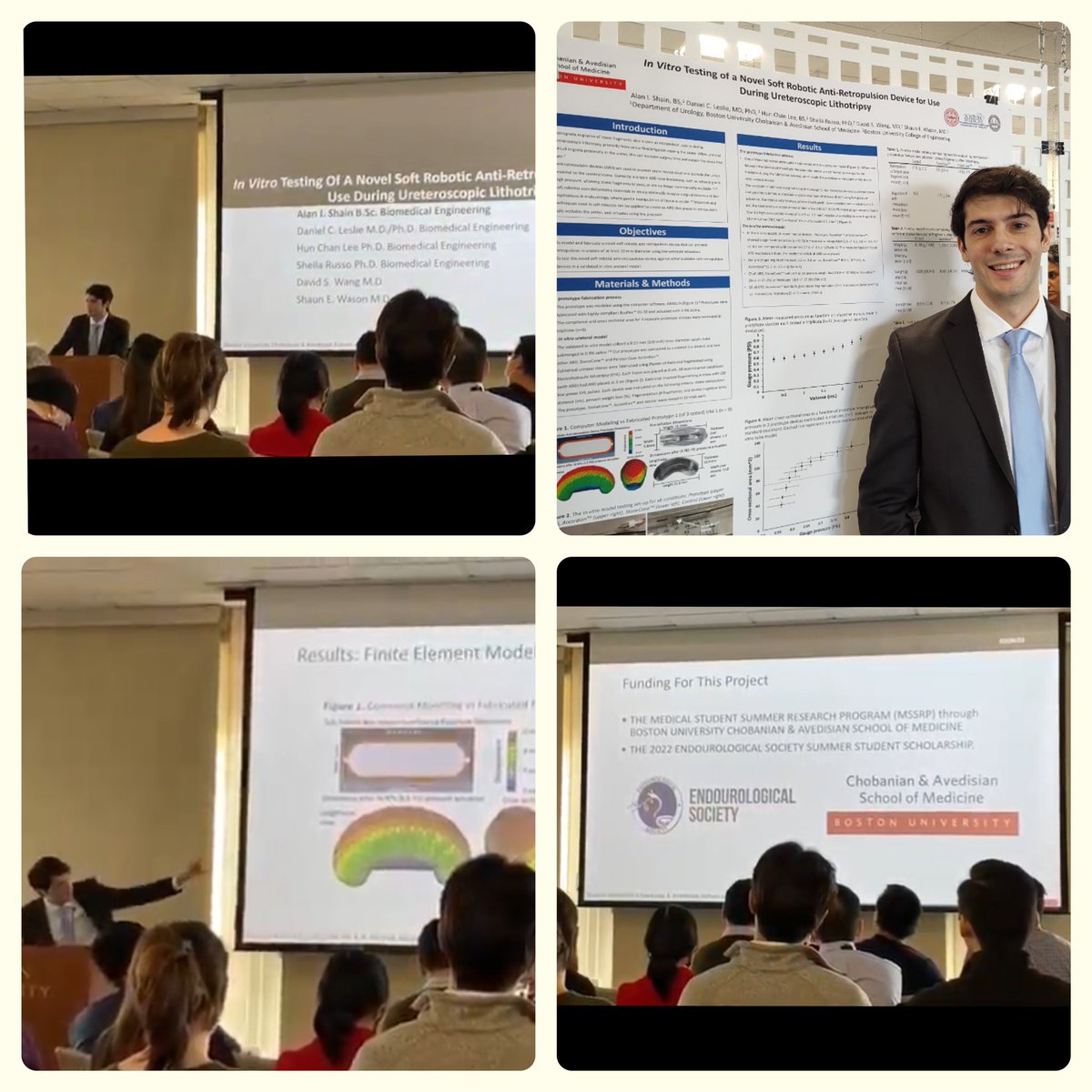 Congrats to Alan Shain <a href="/BUMedicine/">Boston U Chobanian & Avedisian School of Medicine</a> <a href="/BMC_Urology/">Boston Medical Center Urology</a> who presented our findings today at the Medical Student Research Symposium. In vitro testing of a Novel Soft Robotic Anti-Retropulsion Device During Ureteroscopic Lithotripsy. Very well done! Thanks to the MSSRP and <a href="/Endo_Society/">Endourological Society</a>