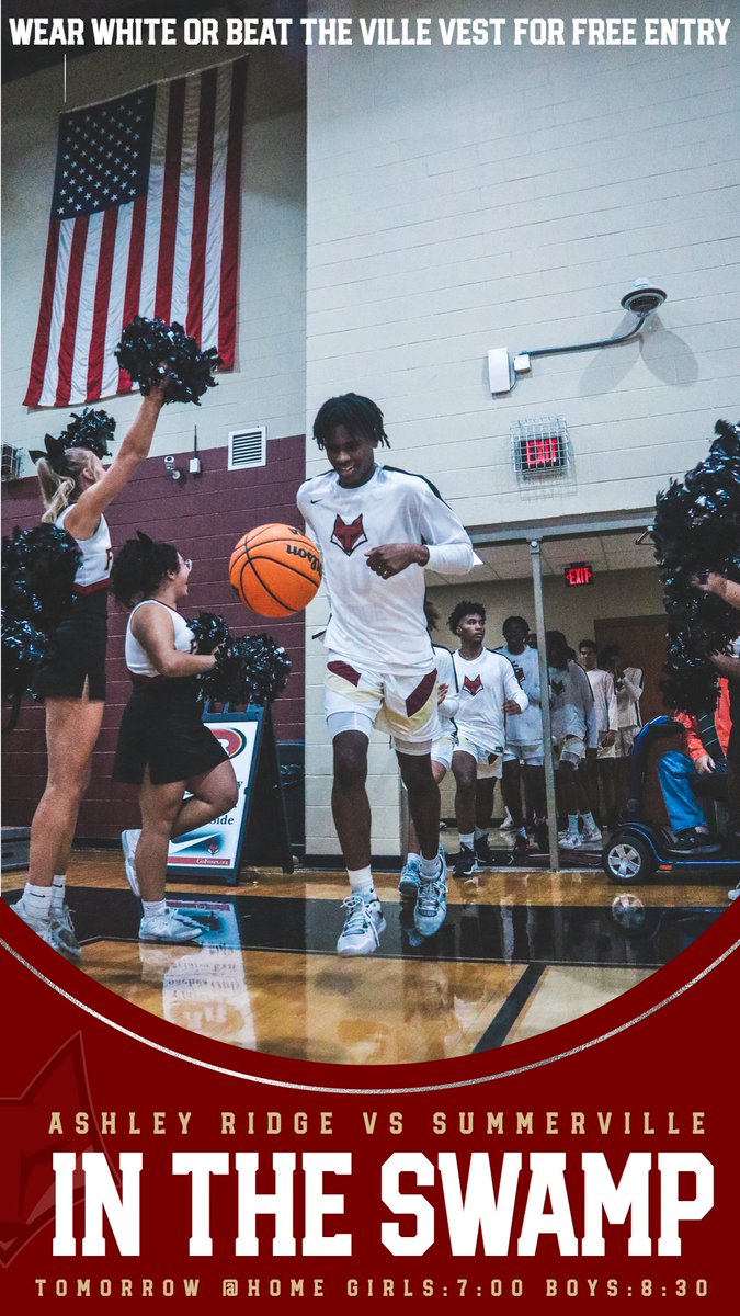 Game Against Summerville: Tomorrow @Home Girls: 7:30 Boys: 8:00

PACK THE SWAMP! 

Wear White or Beat The Ville Vest for Free Entry.