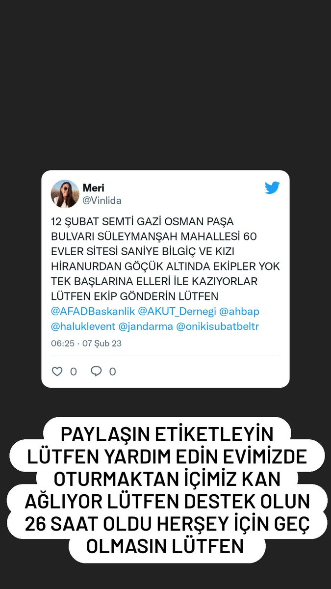 Vinlida's tweet photo. Biz arıyoruz ama ekip gitmiyor lütfen STK @ahbap @Kizilay @buyuksehirkm SİZ GİDİN LÜTFEN https://t.co/IXkOve39uB