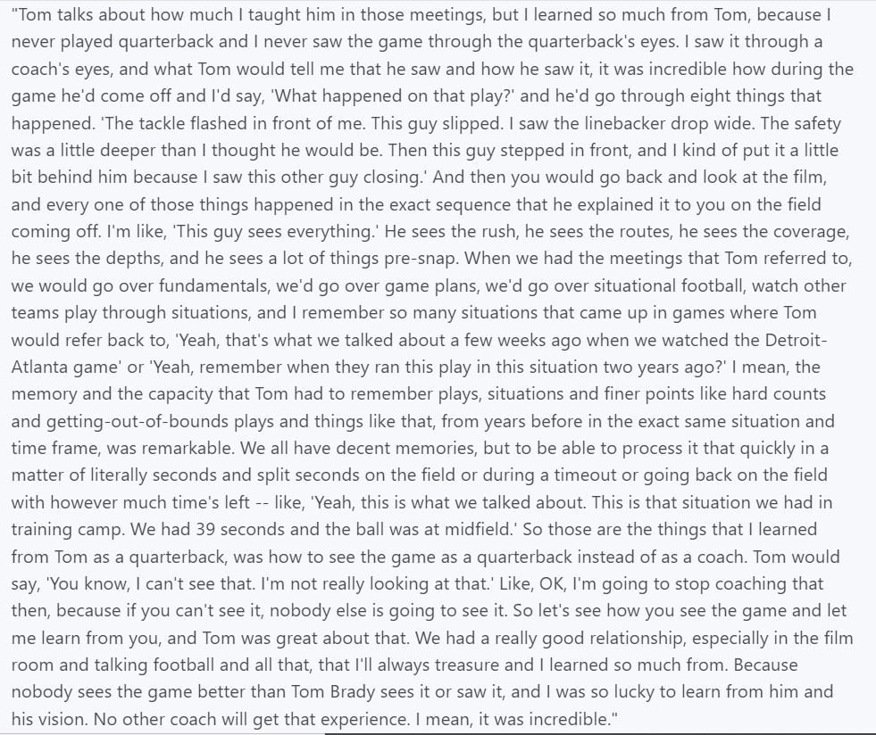 zm_cox's tweet photo. Bill Belichick was asked on Tom Brady's podcast what he saw in the QB that others didn't. His response lasted five minutes and included this fascinating story about what he learned from Brady.

Said Brady sees the game better than anyone he's ever met

"I mean, it was incredible" https://t.co/gIezaBJaXg
