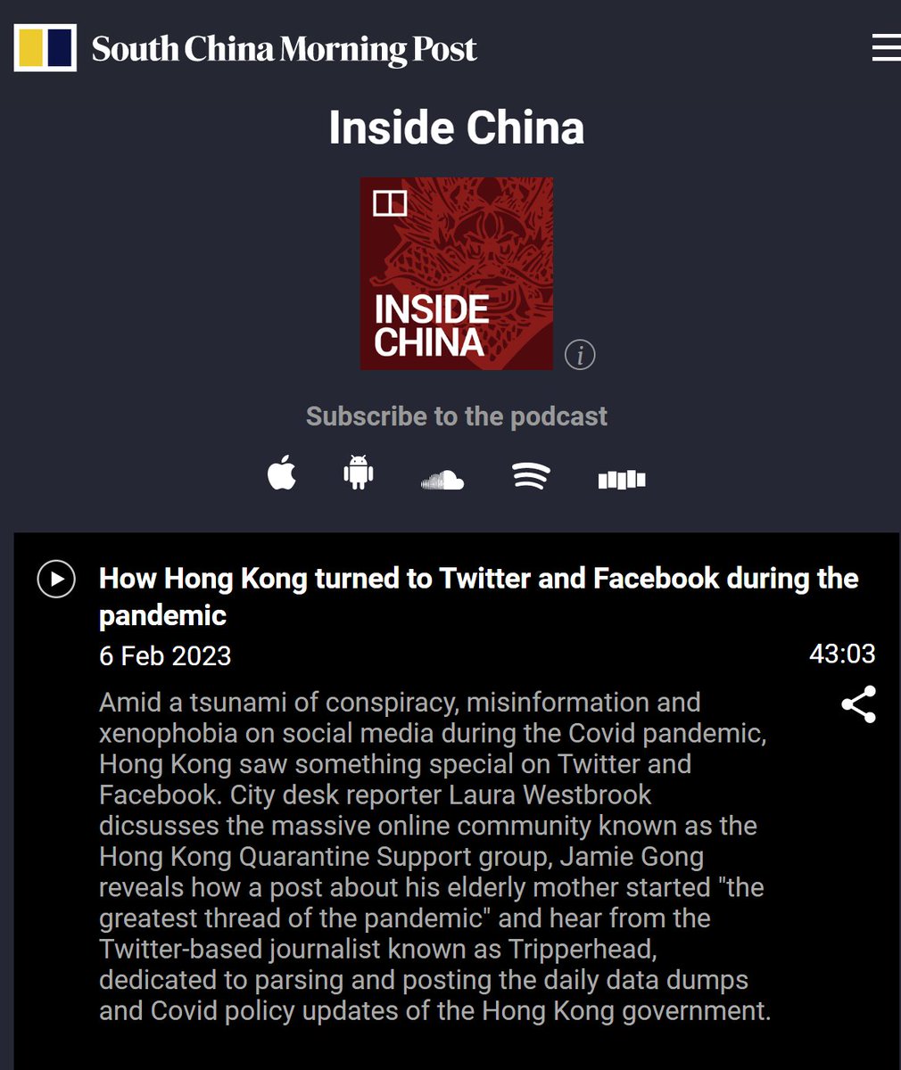 It's the <a href="/SCMPNews/">South China Morning Post</a> "Inside China" podcast!

First up, <a href="/LauraWestbrook/">Laura Westbrook</a> and Jamie Gong talk Hong Kong Quarantine Support Group.

Then from around the 26 minute mark, the fabulous <a href="/hollycwchik/">Holly Chik</a> and I talk three years of the pandemic in Hong Kong.

open.spotify.com/episode/1EBvkB…