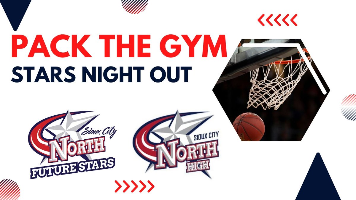 It's a Stars Night Out! Let's pack the gym tonight and cheer on NHS <a href="/SCNorthGirlsBB1/">SC North Girls Basketball</a> and @SiouxCityNorth Boys Basketball.
Girls Game: 5:30 pm
Boys Game: 7:00 pm
Future Star athletes- wear your Future Stars jersey to show your support and get in free with a paying adult ($5)