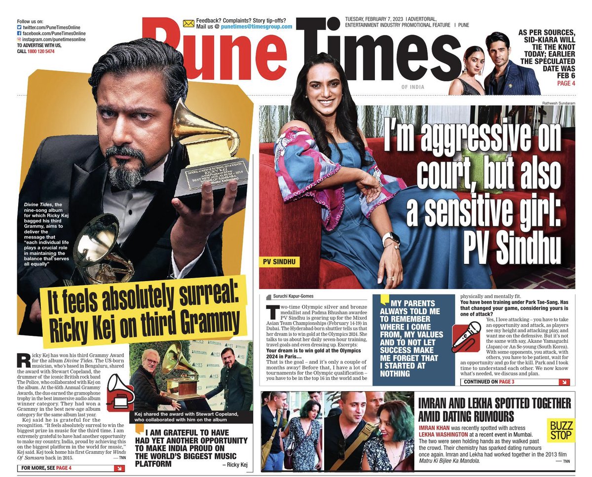 PuneTimesOnline's tweet photo. Missed out on the print edition? Click the link below to read today's #PuneTimes

Read: https://t.co/z6LmsgYuCM

#RickyKej #GRAMMYs #Grammys2023 #DivineTides #StewartCopeland #PVSindhu #Olympics #ImranKhan #LekhaWashington #KiaraAdvani #SidharthMalhotra #SidKiaraWedding https://t.co/2RlXEabXKM