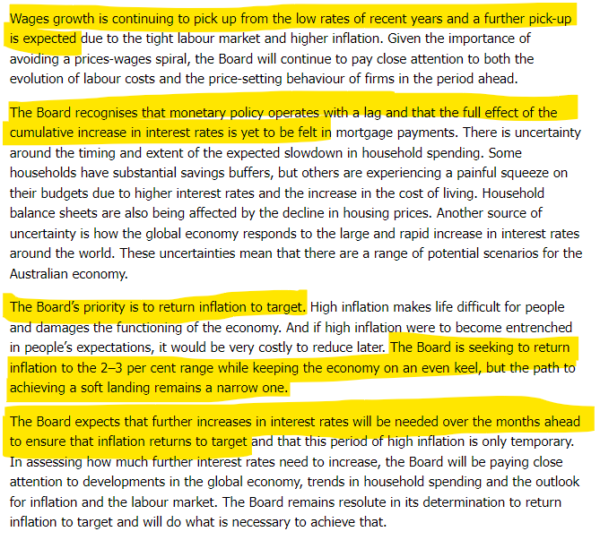 ShaneOliverAMP's tweet photo. #RBA +0.25% to 3.35% citing > exp underlying inf in Aust, tight jobs mkt &amp; expected pick up in wages grth. No changes to forecasts. RBA a bit more hawkish - still expects more rate hikes &amp; removed ref to not being on a preset course, but still seeeking to keep econ on even keel https://t.co/I1930FM0h2