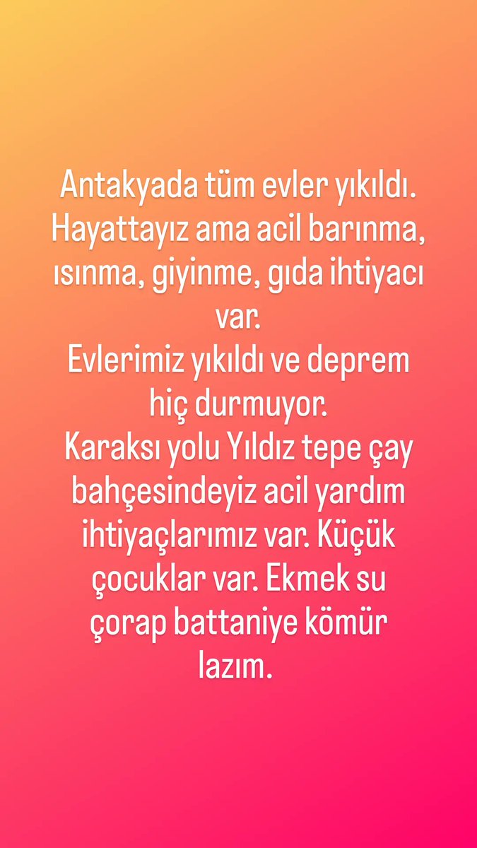 sdabali's tweet photo. Acil yardım
Bebek maması
Biberon 
Bebek bezi
Kömür
Ekmek 
Su
Hazır yiyecek ne olursa
Battaniye 
Allah aşkına sesimizi duyun
100 e yakın kişiyiz hayattayız. Donarak ölmek istemiyoruz.
#hatay #antakya
#deprem @DepremDairesi @AFADBaskanlik @TC_icisleri #deprem #hatayyardimbekliyor https://t.co/VyencdCuQx