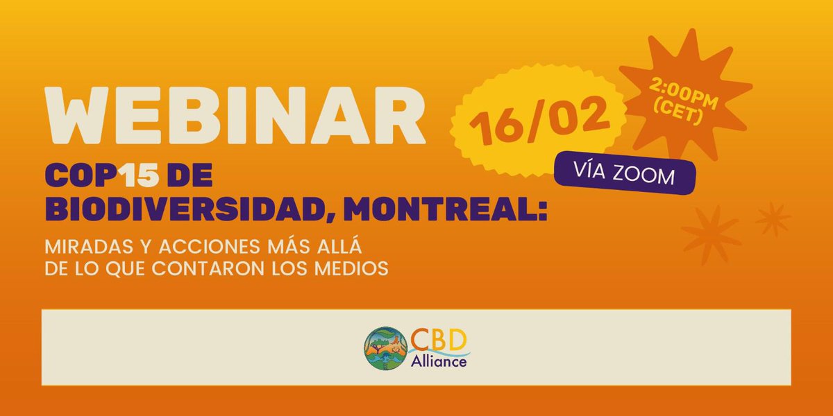 CBDA cordially invites you to the webinar “Biodiversity COP 15 in Montreal: looking and acting beyond what media told us”. February 16, 2023| 14:00-15:30 (CET) Registration link: bit.ly/3HxKZQK  ( Interpretation available in Spanish and French)