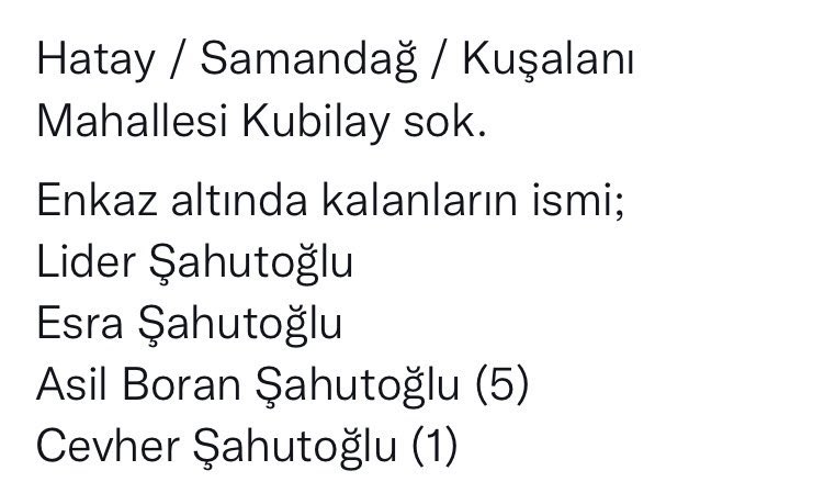 Tanıdığınız gönüllü yardım grupları varsa ne olur Samandağa/Kuşalanı yönlendirin bizim vaktiniz az!! kendi başımıza beton kırma makineside bulduk vinçte bulduk ama zaman geçiyor. Kuşalanı mah. kubilay cad. sokak 2 no:6 #deprem #YARDIM #Hatay <a href="/AFADTurkiye/">AFAD</a> <a href="/ekrem_imamoglu/">Ekrem İmamoğlu</a>