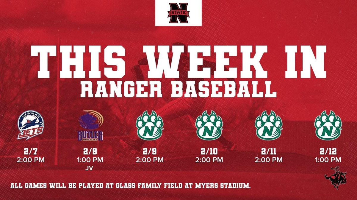 NWOSUBaseball's tweet photo. The Rangers play 6 games at home this week! Come support!

2/7 - 2:00 PM vs Newman 
2/8 - 1:00 PM DH - JV
2/9 - 2:00 PM vs NW Missouri State
2/10 - 2:00 PM vs NW Missouri State
2/11 - 2:00 PM vs NW Missouri State
2/12 - 1:00 PM vs NW Missouri State

#RRR https://t.co/ojTWA6fAax