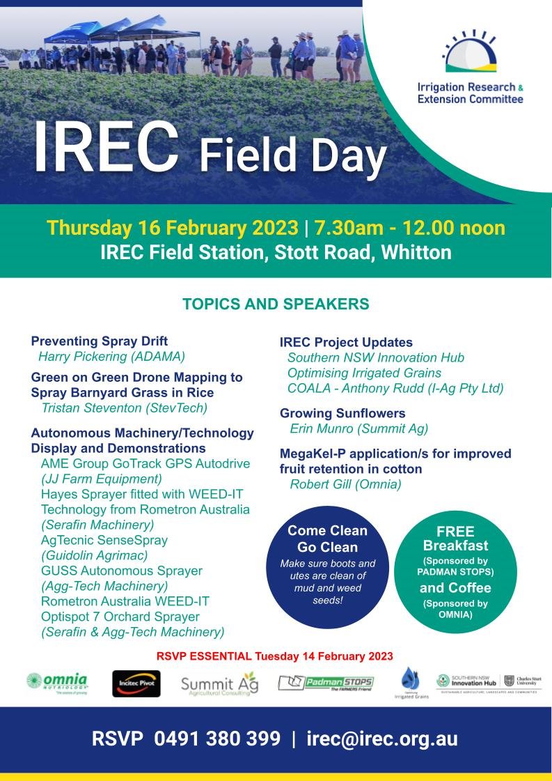 **IREC FIELD DAY, THU 16 FEB, 7.30AM-NOON**
Don't forget to RSVP if you haven't already to our annual field day - E: irec@irec.org.au or P: 0491380 399. Program includes a fantastic line-up of guest speakers &amp; autonomous technology. Plus FREE brekkie &amp; coffee! See you there!🙂
