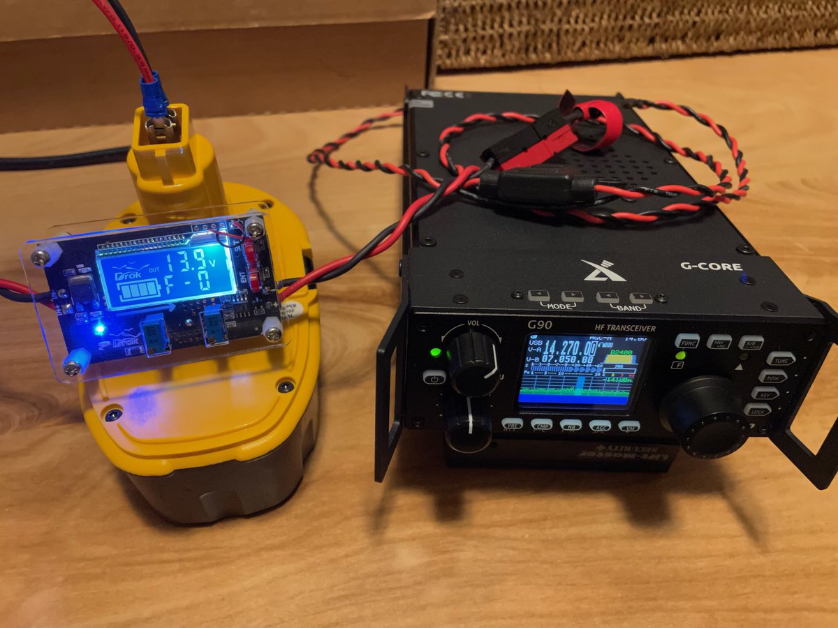 Powering the G90 with an 18v DeWalt drill battery. The buck converter is set to output 14v. I'm not sure how long one battery will last on FT8 but I have two, and they charge blazingly fast.