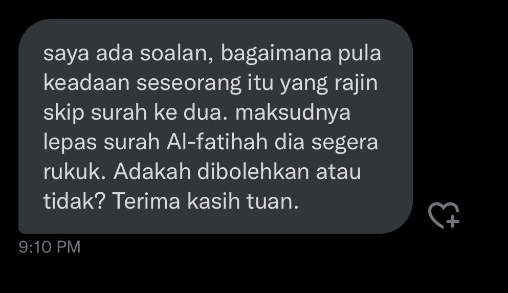 Muzuzxck's tweet photo. Perihal ‘skip’ surah selepas bacaan al-Fatihah 

1- Hukum membaca surah selepas bacaan al-Fatihah adalah sunat. 

2- Jika seseorang tidak membaca surah selepas bacaan al-Fatihah, maka solat itu sah namun dia tidak mendapat pahala sunat itu

#FawaidJawab https://t.co/Oq18TkZROR