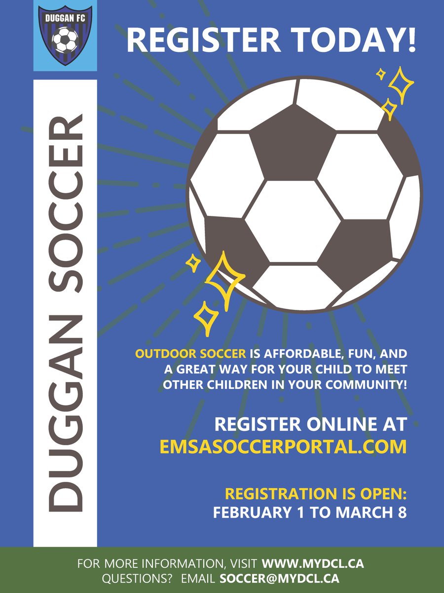 Duggan, it’s time to get excited!  Soccer season is almost here!

February is outdoor soccer registration month.

Register your child at emsasoccerportal.com and visit mydcl.ca/duggan-soccer for more information on Duggan’s outdoor soccer program.
#yeg #edmonton #soccer <a href="/EFCL/">Edmonton Federation of Community Leagues</a>