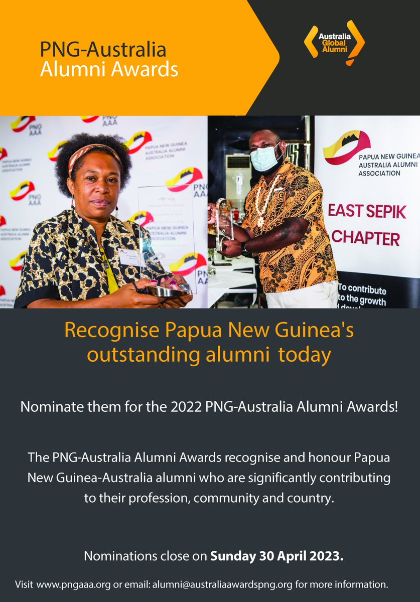 PngAusAlumni's tweet photo. Do you know o/s 🇵🇬 alumni who studied under an 🇦🇺 Edu. program?

Nominate them for the 2022 PNG-Australia Alumni Awards!

Find out more abt the Awards https://t.co/aKulUH7bly 
 &amp; download a nomination form https://t.co/EZPA59BjZn. Nominations close @ 12 am (PNG time), Sun 30 Apr. https://t.co/J1mMlBTK8Z