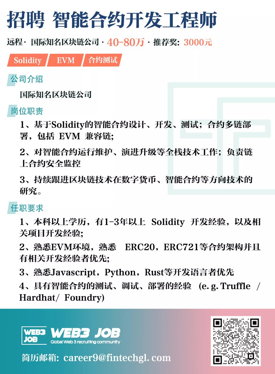 Web3job_1's tweet photo. 【Web3 Job】🔥
- Smart contract development engineer
 🚀 400,000 - 800,000 RMB
- Referral Award:  3000 

More jobs: 300+ Web3 jobs 🚀: https://t.co/WntX8vZ4v3

#WEB3 #hiring #crypto #go #blockchian https://t.co/03nPMmOIrN