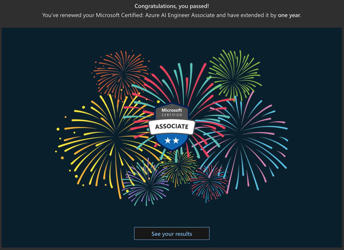 Starting the week off with a #cloud win! 

Just renewed my Azure AI Engineer Associate certification for another year.

💻💡 Staying up-to-date with the latest AI technologies to drive digital transformation 

#Azure #AIEngineer #CertificationRenewal #ContinuousLearning 🎉