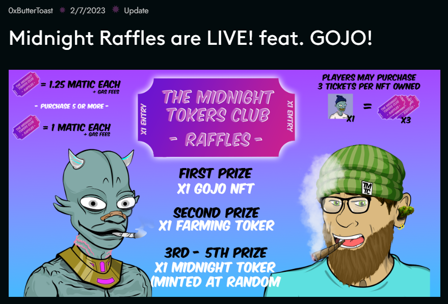 xMidnightTokers's tweet photo. Midnight Raffles feat. @joinGOJO  are now LIVE!!
owning at least one of either collection allows access to play!
Peep all the deets on our latest blog post!
https://t.co/6QQYFGp8KB

#JoinTheClub #JoinGOJO
#PolygonNFTs #ChainLinkVRF #PassiveIncome #DeFi #PolygonNetwork https://t.co/VqvPbTNRmM