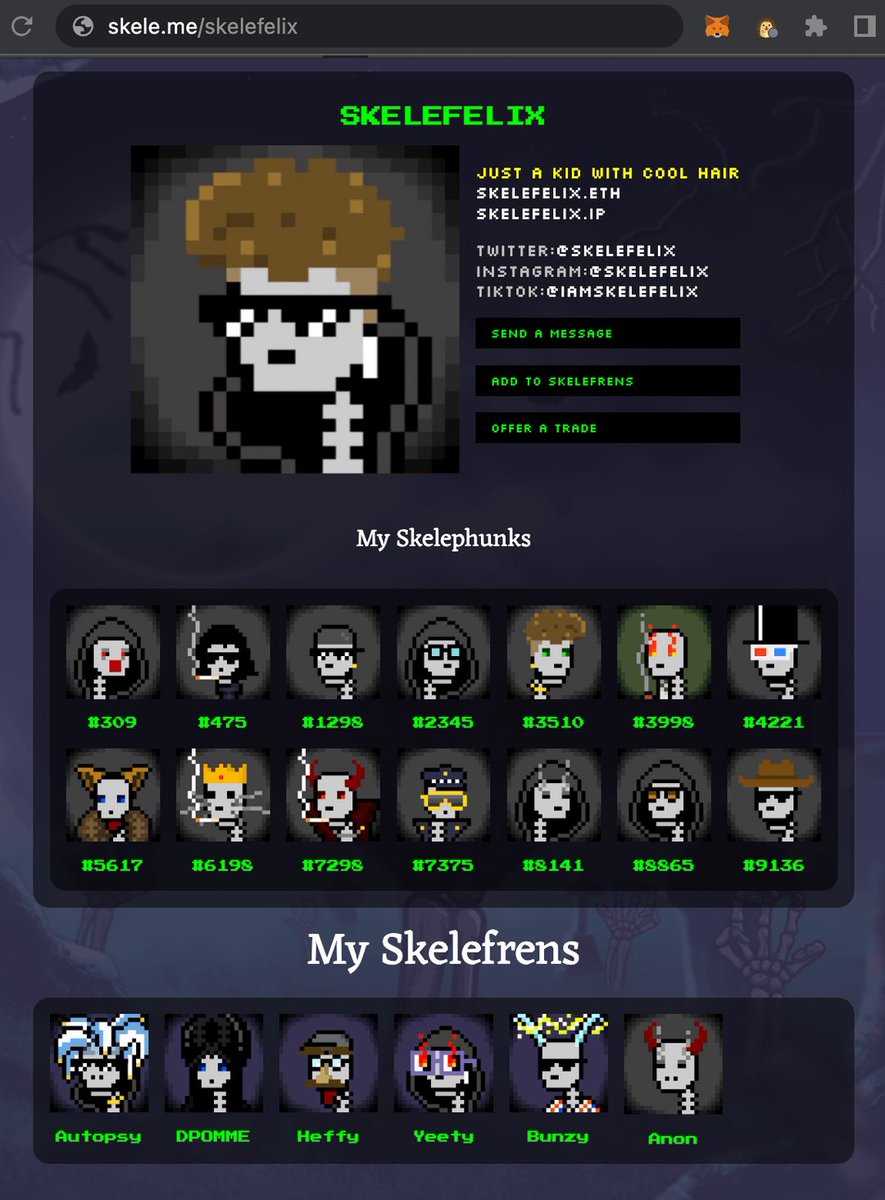 skelephunks's tweet photo. 💀BACKLOG ITEM 1: Skelephunks Profiles

- Stake a SKELE token to secure your name
- Show off your collection
- add your ENS, social links and a bio
- get a https://t.co/ZGJxUyH5qe URL you can use anywhere

dev starts after mint

will you be ready with a token to claim your name? https://t.co/fjAjT6xLKB