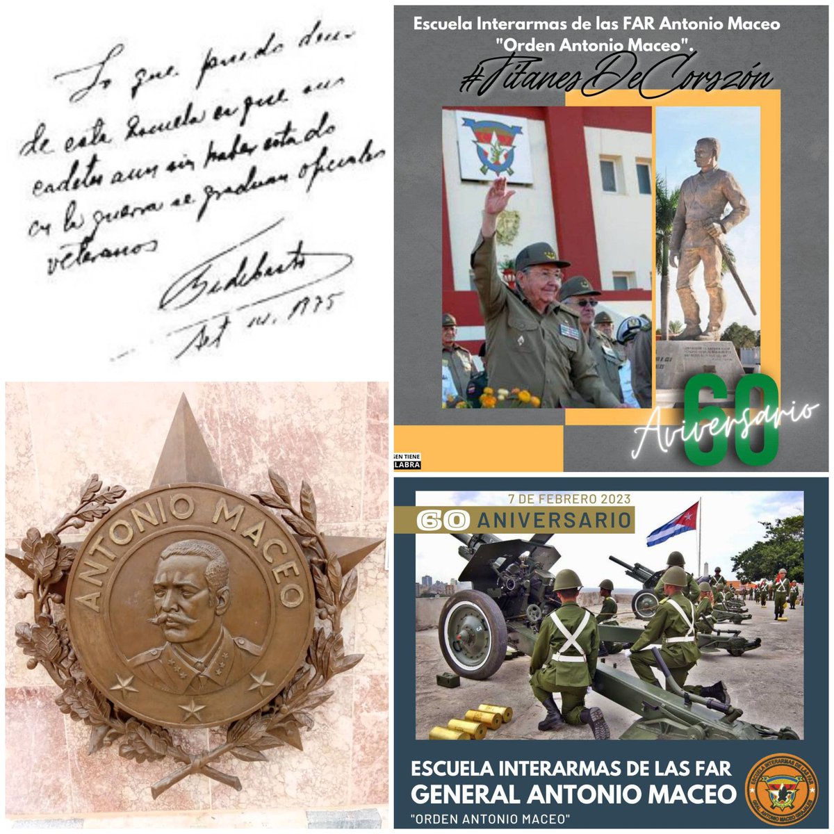 ¡Qué gran orgullo! Celebramos el aniversario 60 de la fundación de la Escuela Interarmas de las FAR General "Antonio Maceo". Larguísima historia de los #TitanesDeCorazón en la formación de miles de oficiales destinados a defender la integridad de la Patria. #JuntarYVencer